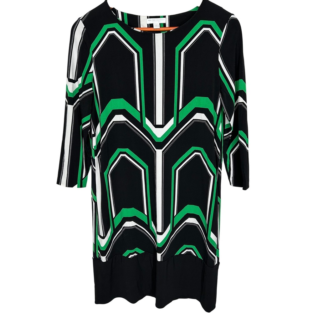New York &‎ Company Stretch Green and Black Patterned Dress Women's Size Medium
